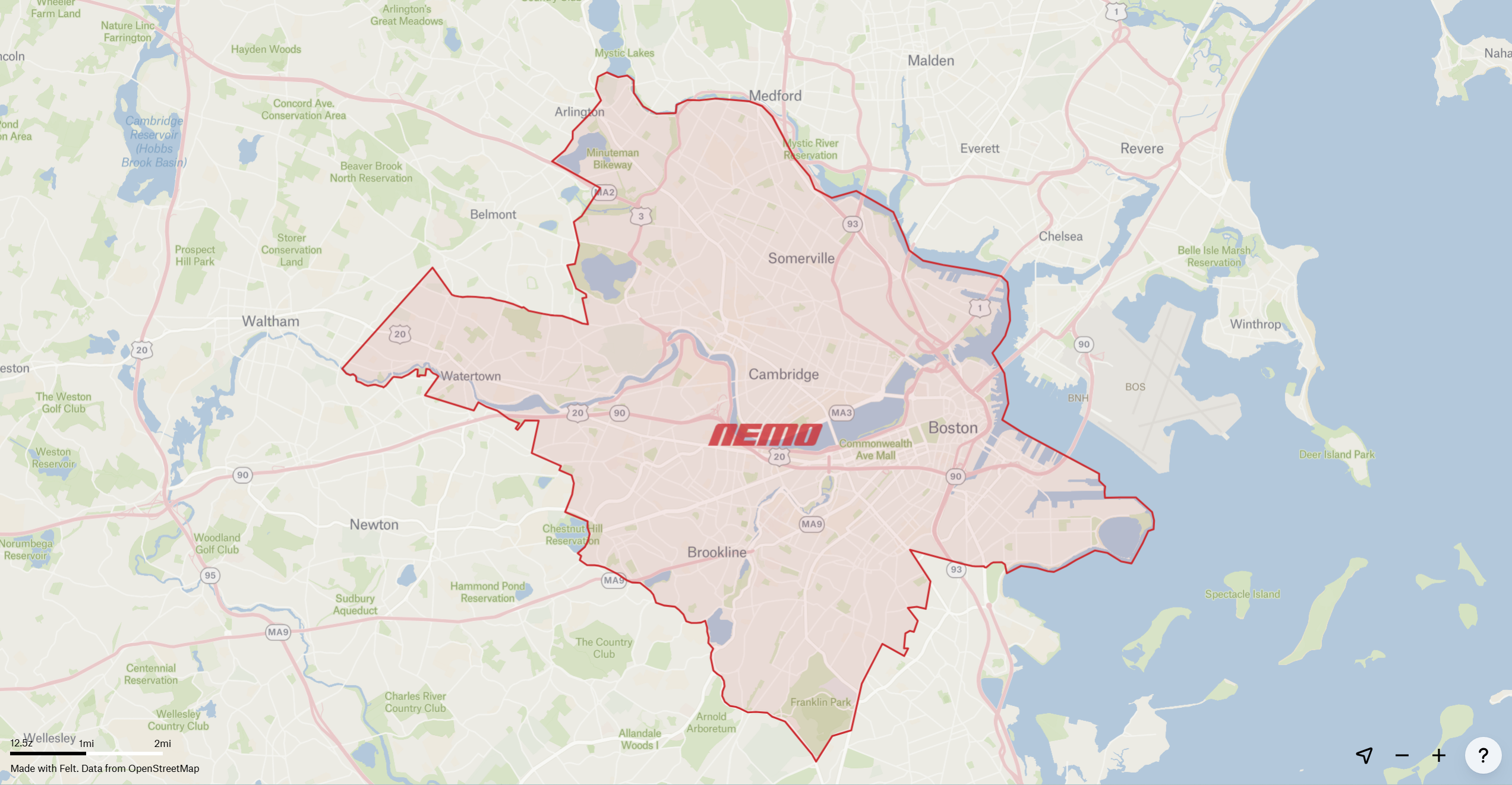 NEMO service area map covering Boston, Cambridge, Somerville, Brookline, and Watertown