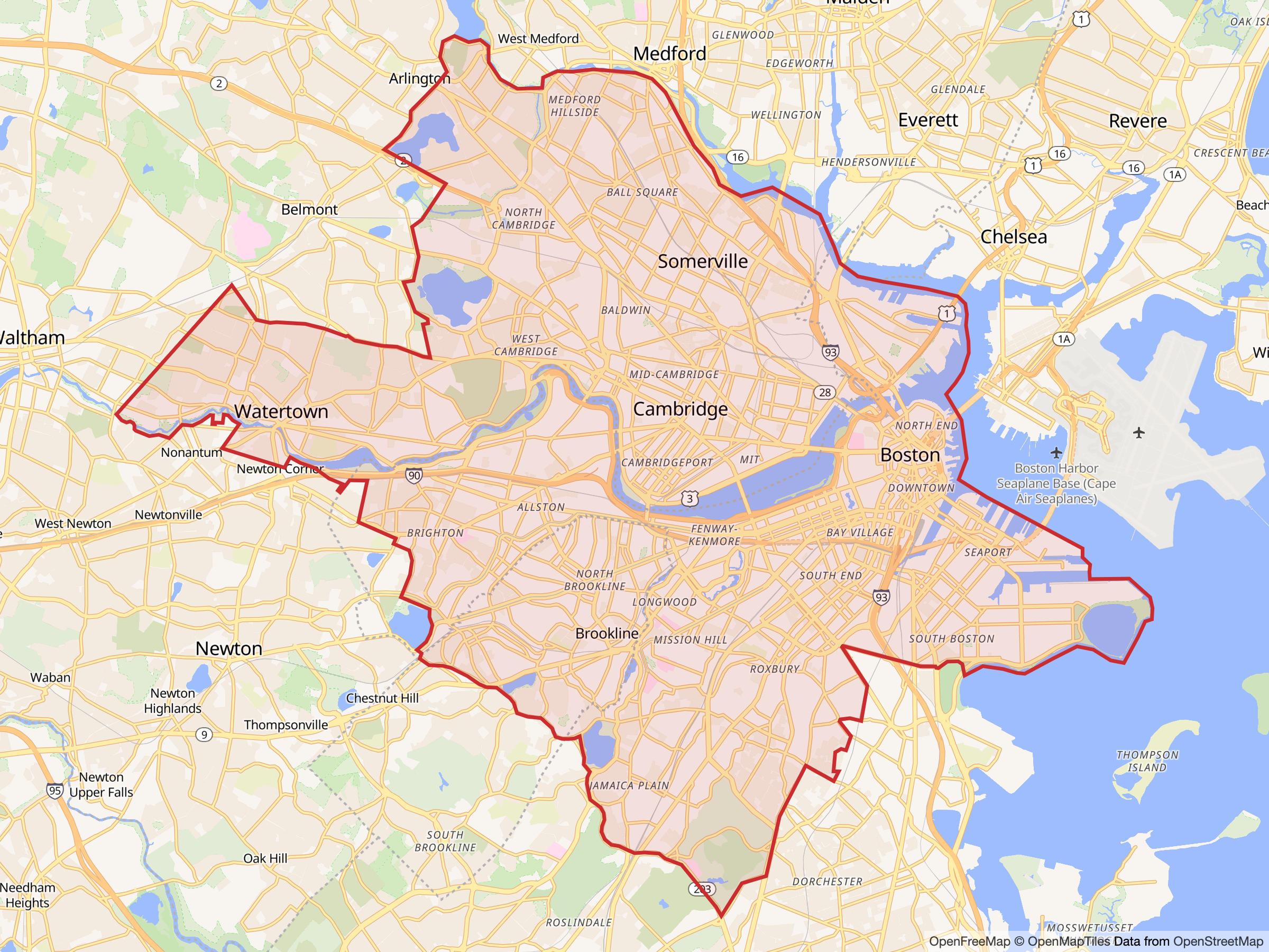 NEMO service area map covering Cambridge, Somerville, Watertown, much of Boston, and most of Brookline